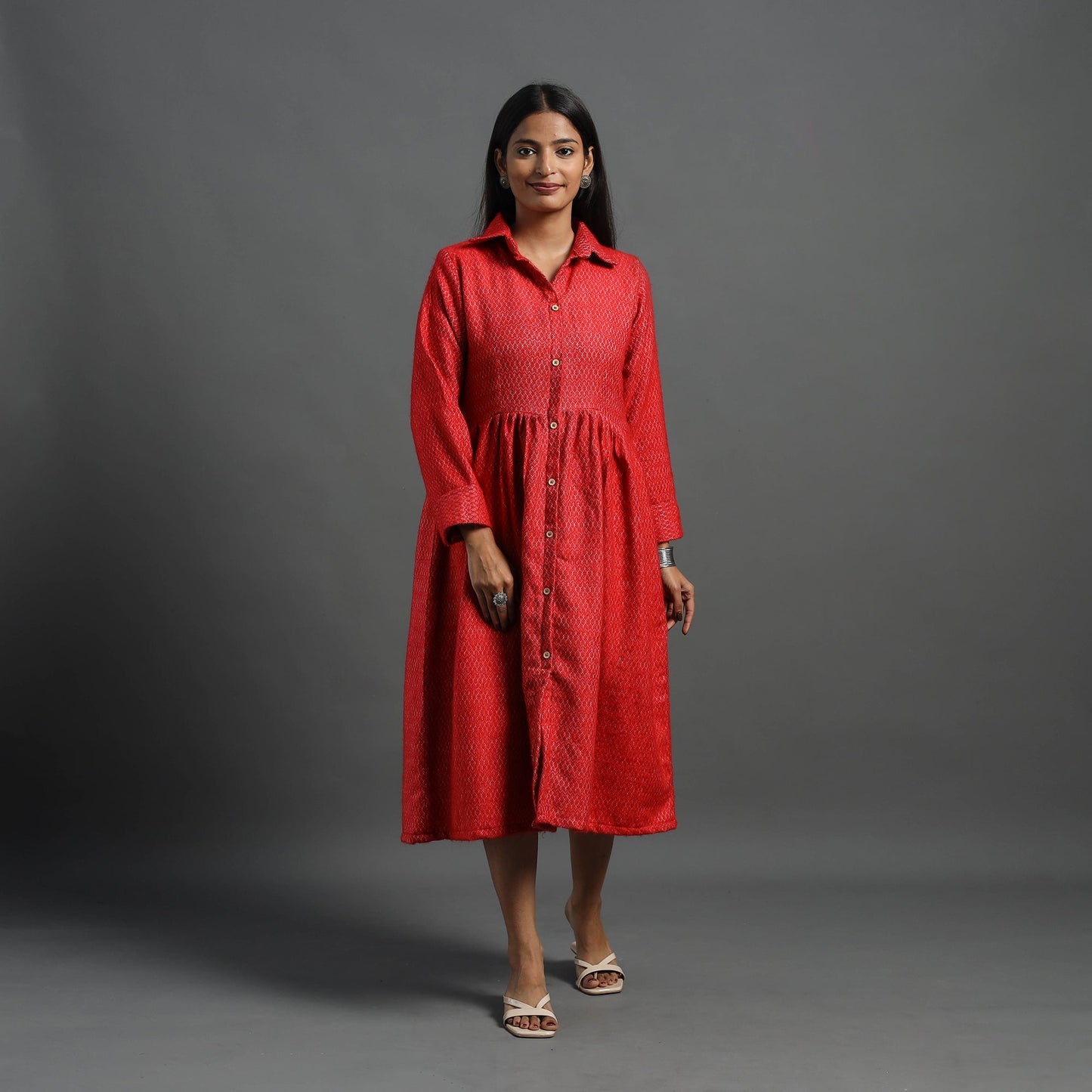 Buy Aaisha Red Plain Button Down Woollen Dress Online