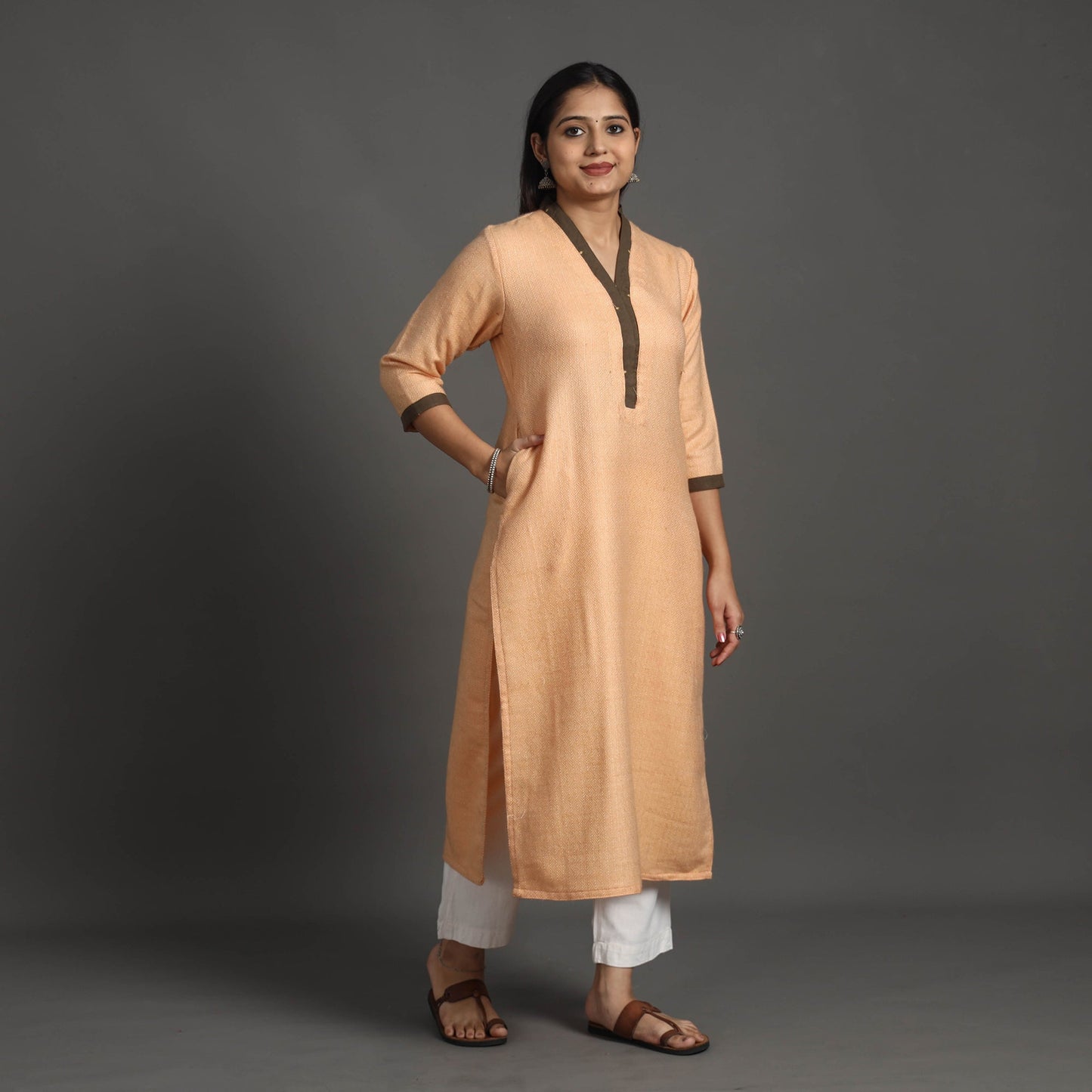 Buy Aashvi Light Peach Merino Woolen Kurta