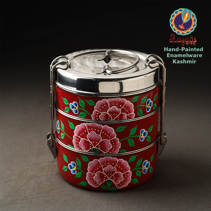 Kashmir Enamelware Floral Handpainted Stainless Steel 3 Tier Round Tiffin Box