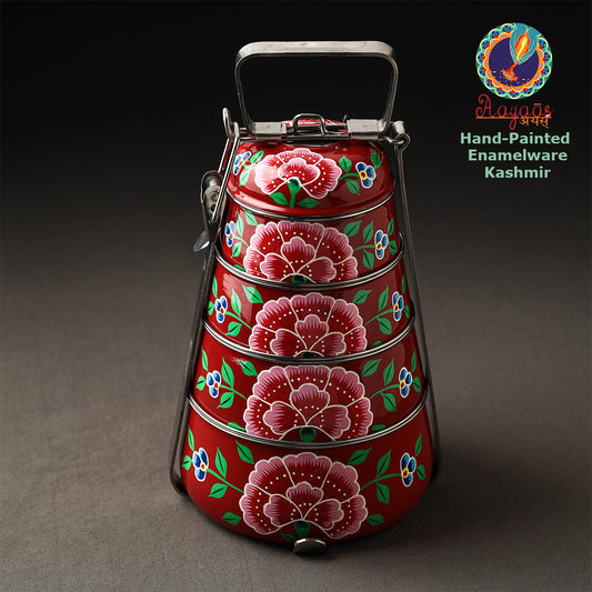 Kashmir Enamelware Floral Handpainted Stainless Steel 4 Tier Round Tiffin Box
