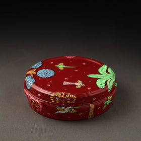 Odisha Pattachitra Red Handpainted Stainless Steel Masala Box (8 x 8 in)