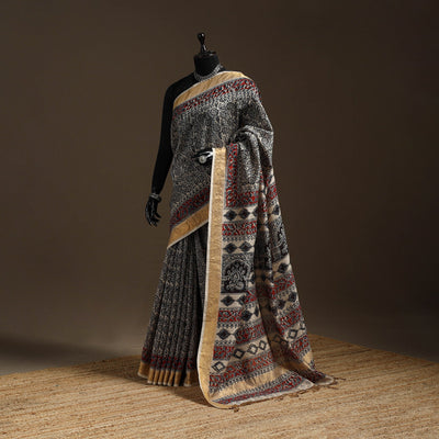 Black - natural dyed pedana chanderi silk kalamkari saree
