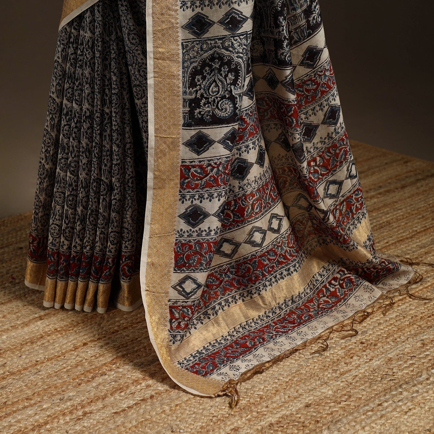 Black - natural dyed pedana chanderi silk kalamkari saree