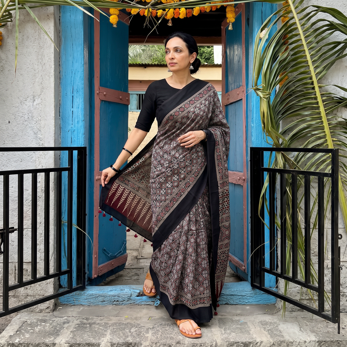 Black Ajrakh Hand Block Print Natural Dyed Handloom Thread Border Cotton Saree, draped and worn by a woman, AI visual of the saree, iTokri