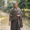 Brown Ajrakh Hand Block Print Natural Dyed Handwoven Acrylic Wool Shawl, worn by a model, AI visual of the shawl, iTokri