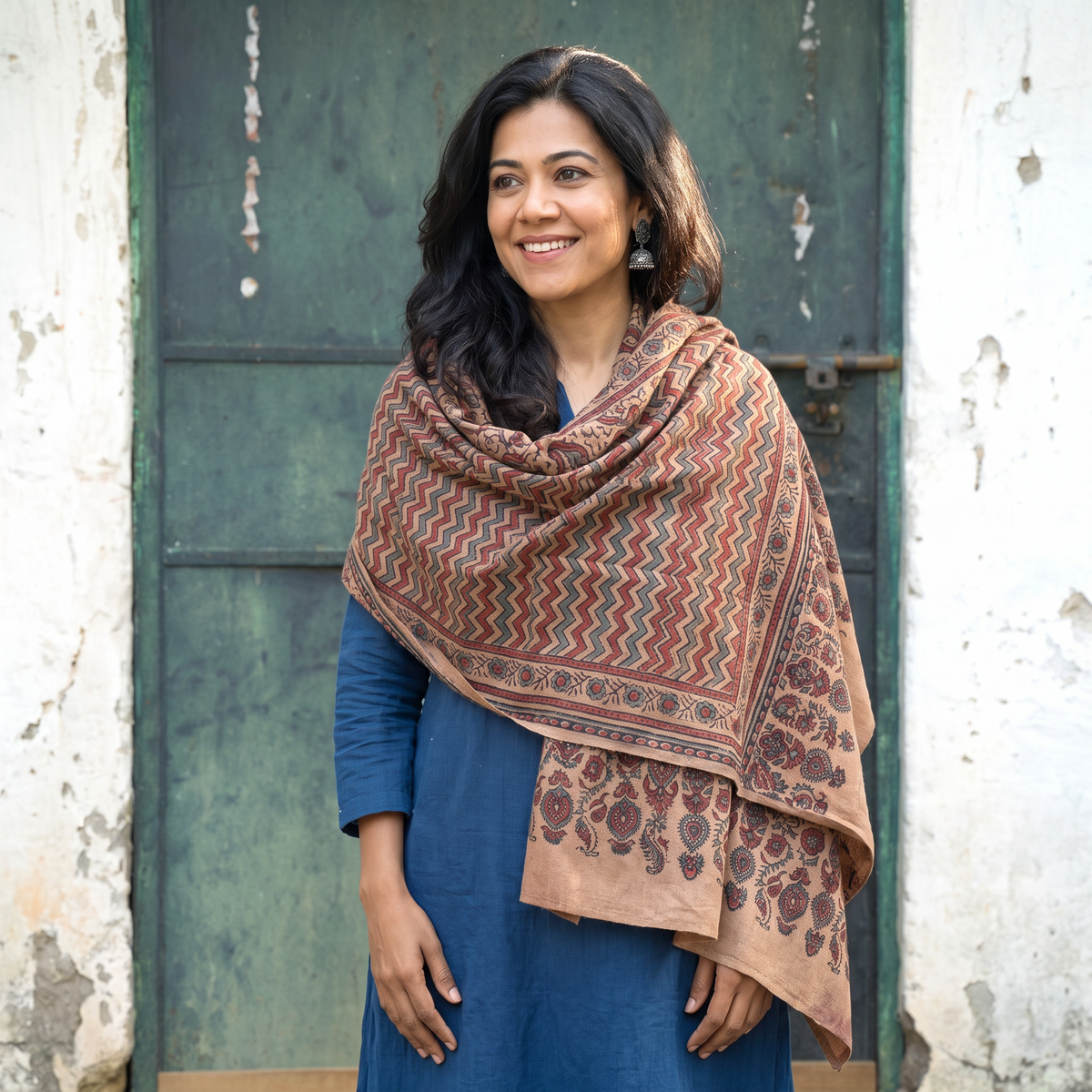 Brown Ajrakh Hand Block Print Natural Dyed Handwoven Acrylic Wool Shawl, worn by a model, AI visual of the shawl, iTokri