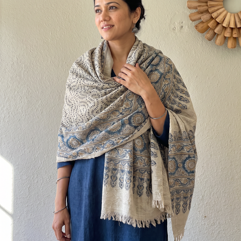 Grey Ajrakh Hand Block Print Natural Dyed Handwoven Acrylic Wool Shawl, worn by a model, AI visual of the shawl, iTokri