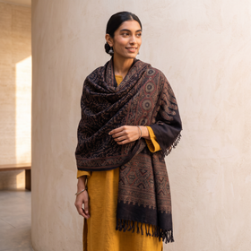 Black Ajrakh Hand Block Print Natural Dyed Handwoven Acrylic Wool Shawl, worn by a model, AI visual of the shawl, iTokri
