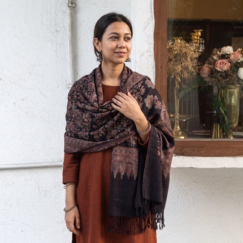 Black Ajrakh Hand Block Print Natural Dyed Handwoven Acrylic Wool Shawl, worn by a model, AI visual of the shawl, iTokri