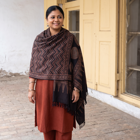 Black Ajrakh Hand Block Print Natural Dyed Handwoven Acrylic Wool Shawl, worn by a model, AI visual of the shawl, iTokri