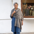 Grey Ajrakh Hand Block Print Natural Dyed Handwoven Acrylic Wool Shawl, worn by a model, AI visual of the shawl, iTokri