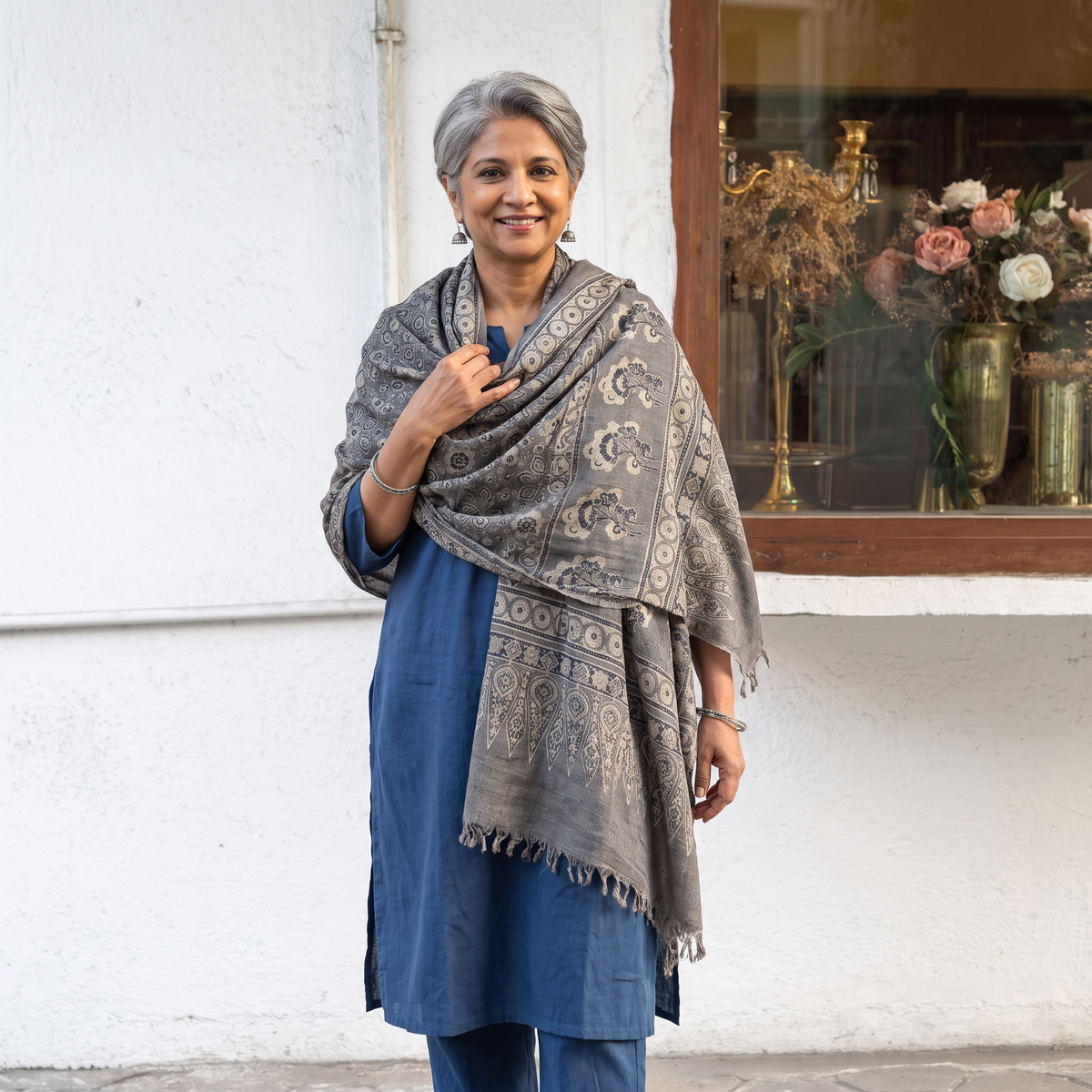 Grey Ajrakh Hand Block Print Natural Dyed Handwoven Acrylic Wool Shawl, worn by a model, AI visual of the shawl, iTokri