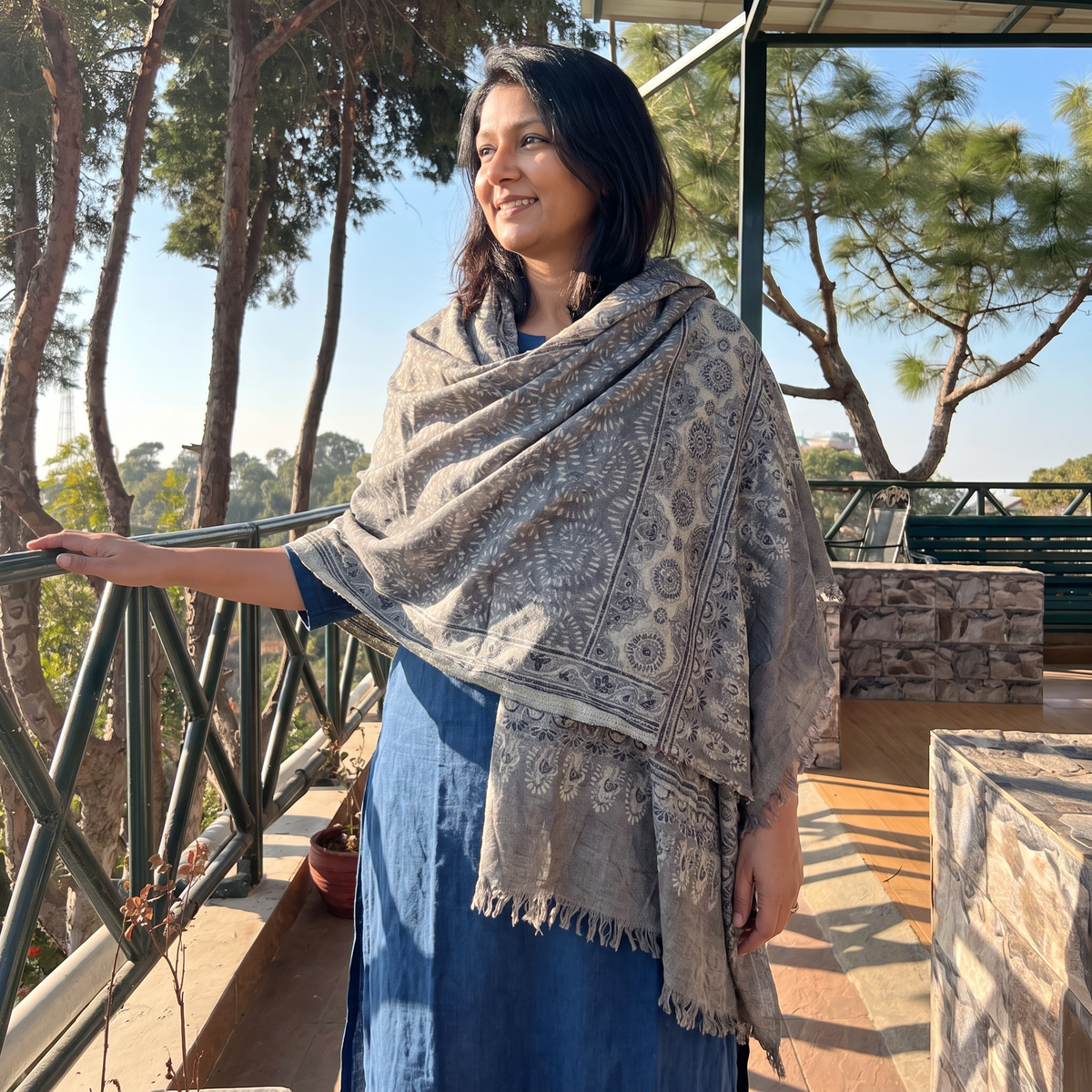 Grey Ajrakh Hand Block Print Natural Dyed Handwoven Acrylic Wool Shawl, worn by a model, AI visual of the shawl, iTokri