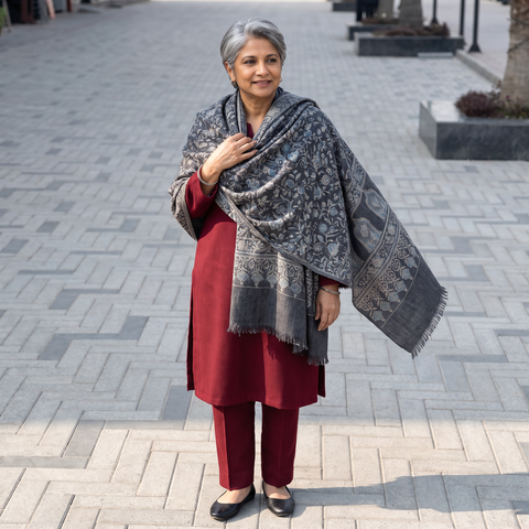 Grey Ajrakh Hand Block Print Natural Dyed Handwoven Acrylic Wool Shawl, worn by a model, AI visual of the shawl, iTokri