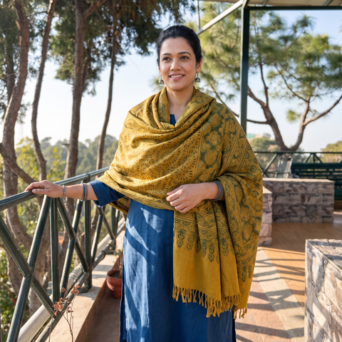 Yellow Ajrakh Hand Block Print Natural Dyed Handwoven Acrylic Wool Shawl, worn by a model, AI visual of the shawl, iTokri