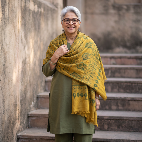 Yellow Ajrakh Hand Block Print Natural Dyed Handwoven Acrylic Wool Shawl, worn by a model, AI visual of the shawl, iTokri