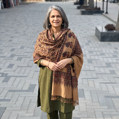 Brown Ajrakh Hand Block Print Natural Dyed Handwoven Acrylic Wool Shawl, worn by a model, AI visual of the shawl, iTokri