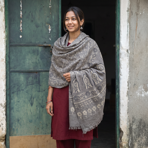 Grey Ajrakh Hand Block Print Natural Dyed Handwoven Acrylic Wool Shawl, worn by a model, AI visual of the shawl, iTokri