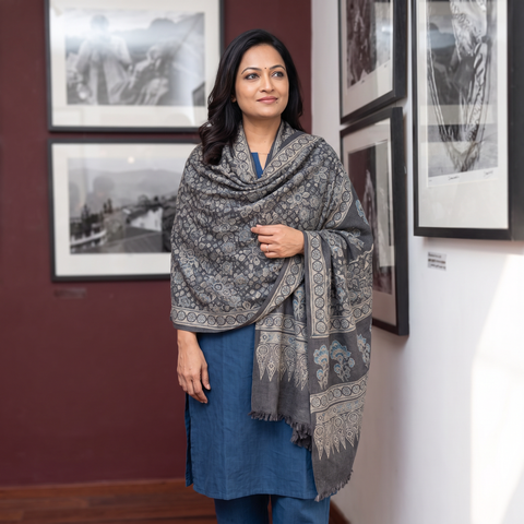 Grey Ajrakh Hand Block Print Natural Dyed Handwoven Acrylic Wool Shawl, worn by a model, AI visual of the shawl, iTokri