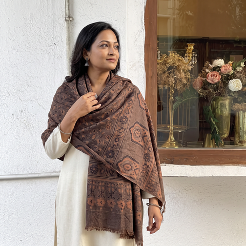 Brown Ajrakh Hand Block Print Natural Dyed Handwoven Acrylic Wool Shawl, worn by a model, AI visual of the shawl, iTokri
