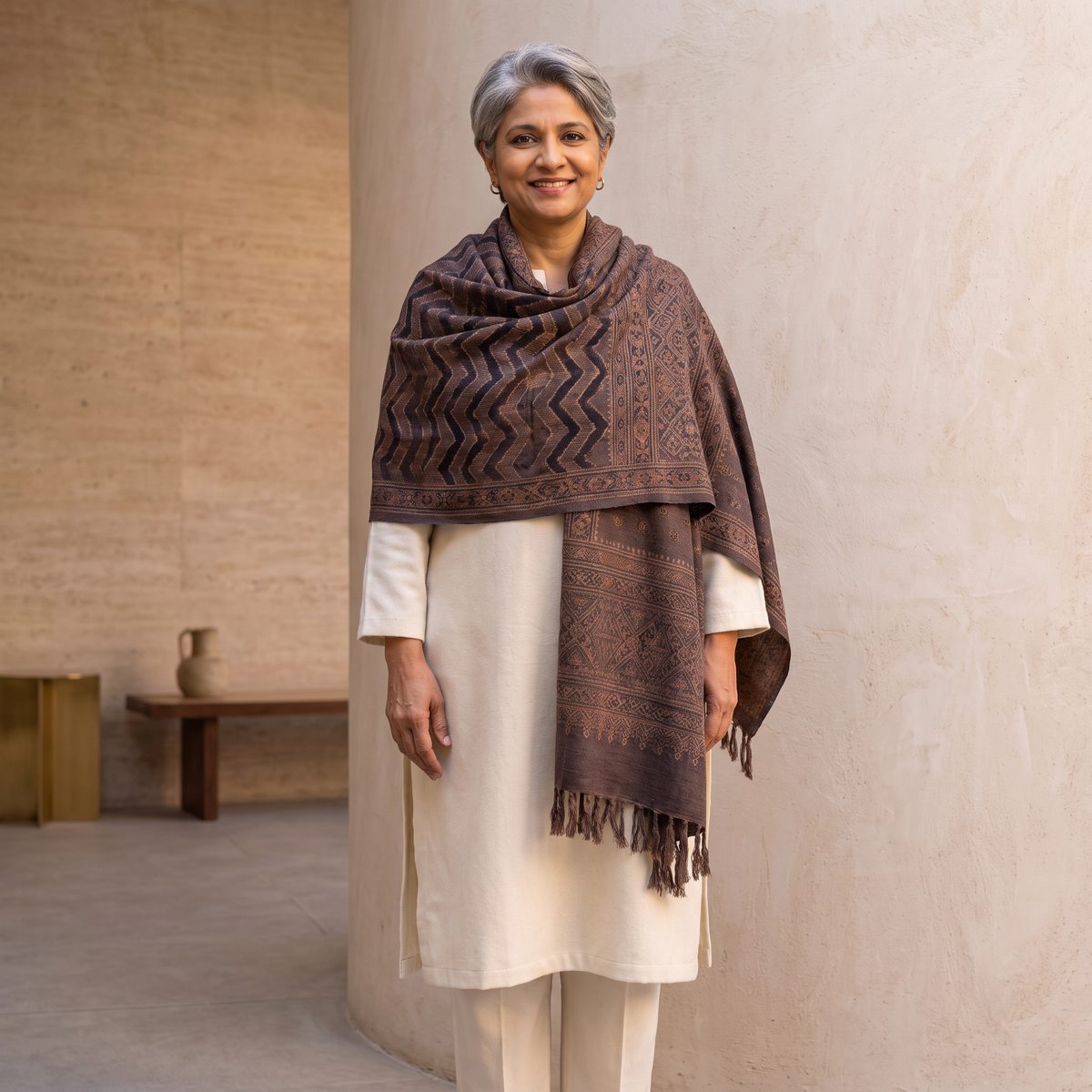 Brown Ajrakh Hand Block Print Natural Dyed Handwoven Acrylic Wool Shawl, worn by a model, AI visual of the shawl, iTokri