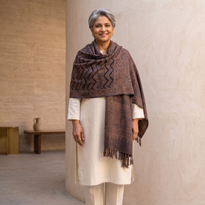 Brown Ajrakh Hand Block Print Natural Dyed Handwoven Acrylic Wool Shawl, worn by a model, AI visual of the shawl, iTokri