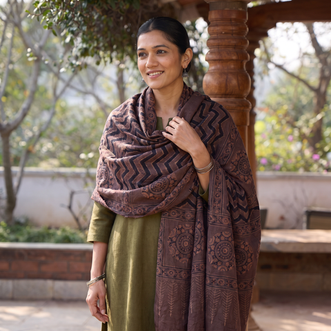 Brown Ajrakh Hand Block Print Natural Dyed Handwoven Acrylic Wool Shawl, worn by a model, AI visual of the shawl, iTokri