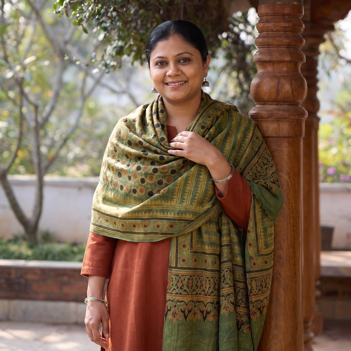 Green Ajrakh Hand Block Print Natural Dyed Handwoven Acrylic Wool Shawl, worn by a model, AI visual of the shawl, iTokri