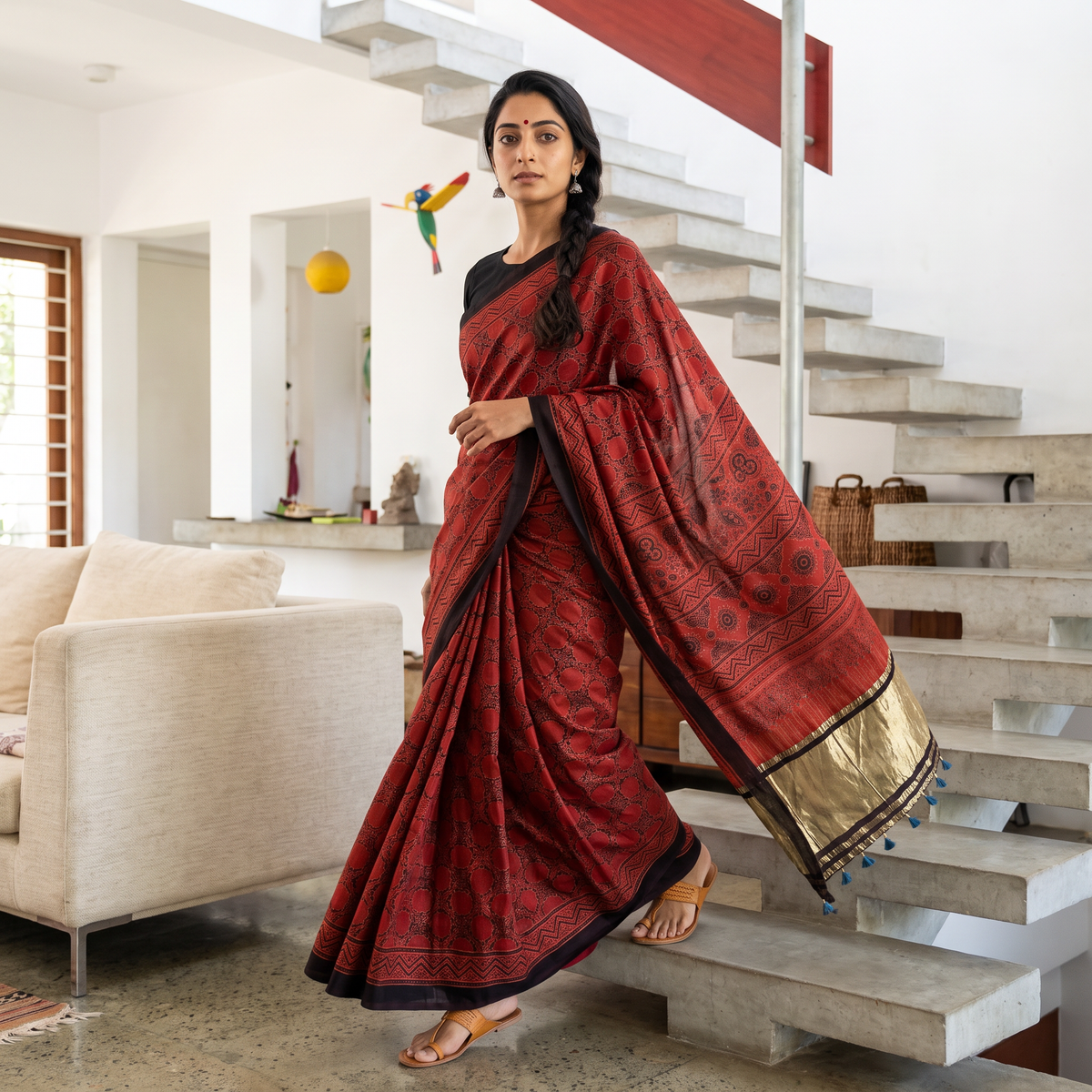 Red Ajrakh Hand Block Print Natural Dyed Lagdi Patta Border Modal Silk Saree, draped and worn by a woman, AI visual of the saree, iTokri