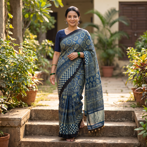 Blue Ajrakh Hand Block Print Natural Dyed Lagdi Patta Border Modal Silk Saree, draped and worn by a woman, AI visual of the saree, iTokri