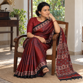 Red Ajrakh Hand Block Print Natural Dyed Modal Silk Saree, draped and worn by a woman, AI visual of the saree, iTokri