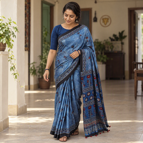 Blue Ajrakh Hand Block Print Natural Dyed Modal Silk Saree, draped and worn by a woman, AI visual of the saree, iTokri