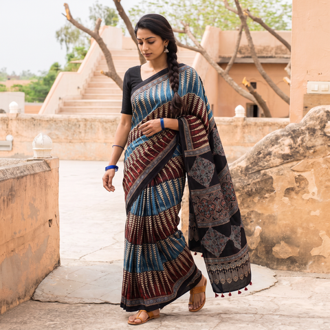 Blue Ajrakh Hand Block Print Natural Dyed Modal Silk Saree, draped and worn by a woman, AI visual of the saree, iTokri
