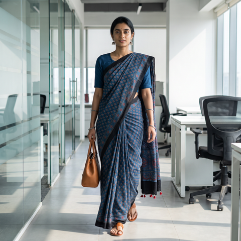 Blue Ajrakh Hand Block Print Natural Dyed Pure Mul Cotton Saree, draped and worn by a woman, AI visual of the saree, iTokri