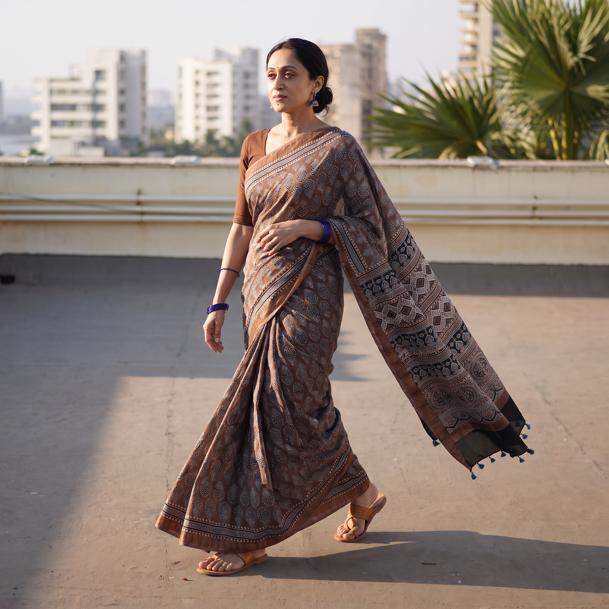 Grey Ajrakh Hand Block Print Natural Dyed Zari Border Chanderi Silk Saree, draped and worn by a woman, AI visual of the saree, iTokri