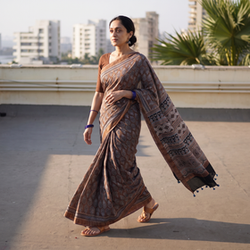 Grey Ajrakh Hand Block Print Natural Dyed Zari Border Chanderi Silk Saree, draped and worn by a woman, AI visual of the saree, iTokri