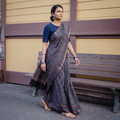 Grey Ajrakh Hand Block Print Natural Dyed Zari Border Chanderi Silk Saree, draped and worn by a woman, AI visual of the saree, iTokri