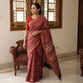 Red Ajrakh Hand Block Print Natural Dyed Zari Border Chanderi Silk Saree, draped and worn by a woman, AI visual of the saree, iTokri
