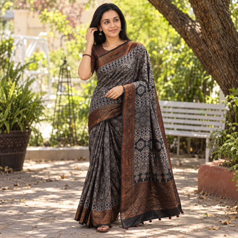 Black Ajrakh Hand Block Print Natural Dyed Zari Work Chanderi Silk Saree, draped and worn by a woman, AI visual of the saree, iTokri