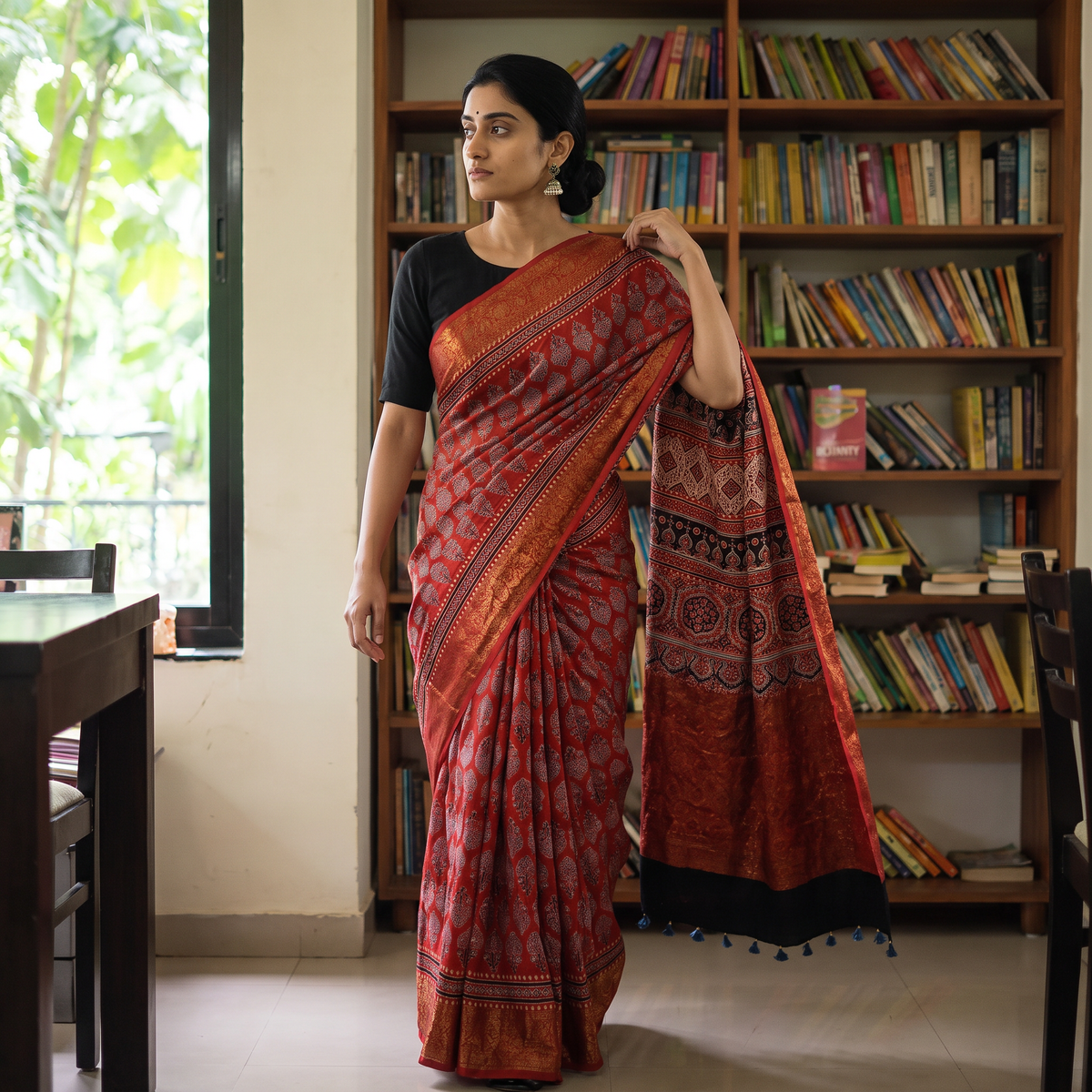 Red Ajrakh Hand Block Print Natural Dyed Zari Work Chanderi Silk Saree, draped and worn by a woman, AI visual of the saree, iTokri