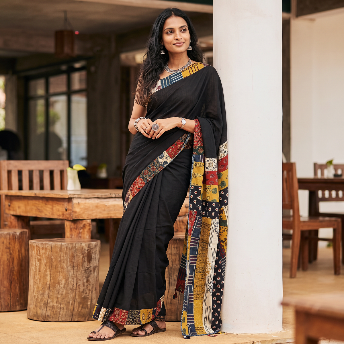 Black Ajrakh Hand Block Print Patchwork Pure Mul Cotton Saree, draped and worn by a woman, AI visual of the saree, iTokri