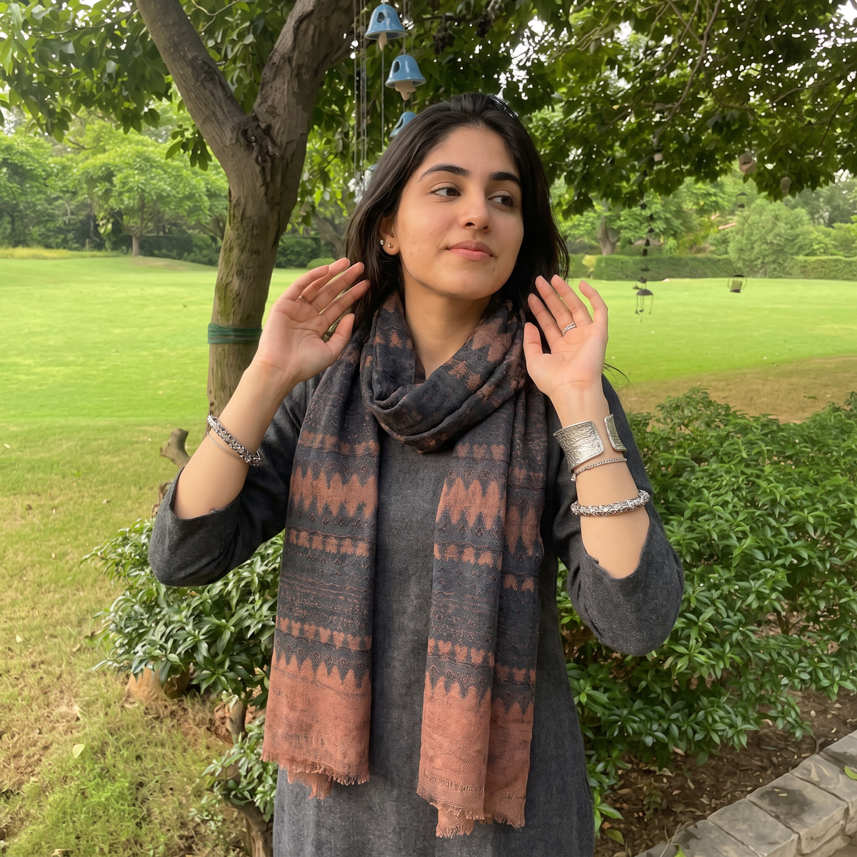 Blue Ajrakh Hand Block Printed Pure Woolen Stole, worn by a woman, AI visual of the stole, iTokri