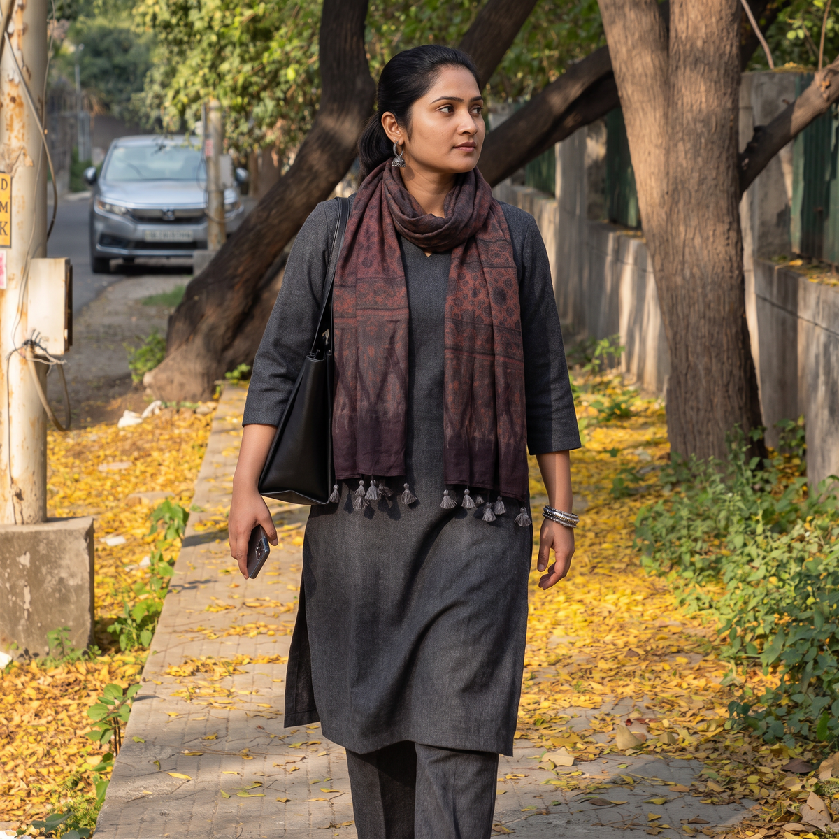 Brown Ajrakh Hand Block Printed Pure Woolen Stole, worn by a woman, AI visual of the stole, iTokri