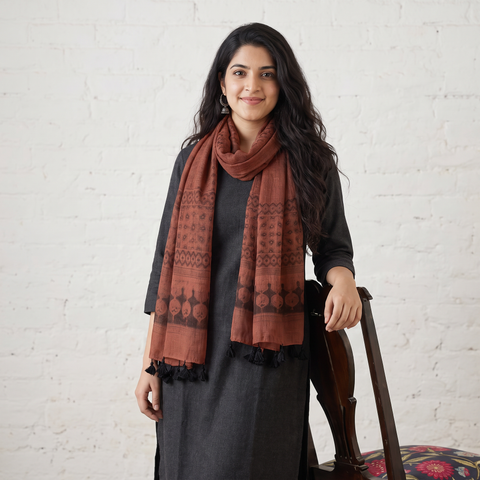 Brown Ajrakh Hand Block Printed Pure Woolen Stole, worn by a woman, AI visual of the stole, iTokri