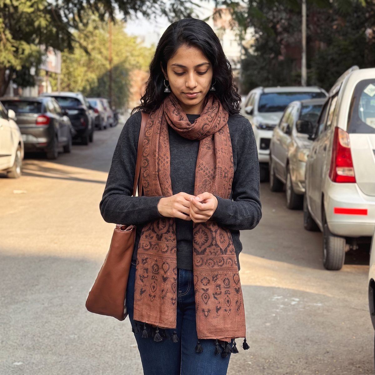 Brown Ajrakh Hand Block Printed Pure Woolen Stole, worn by a woman, AI visual of the stole, iTokri