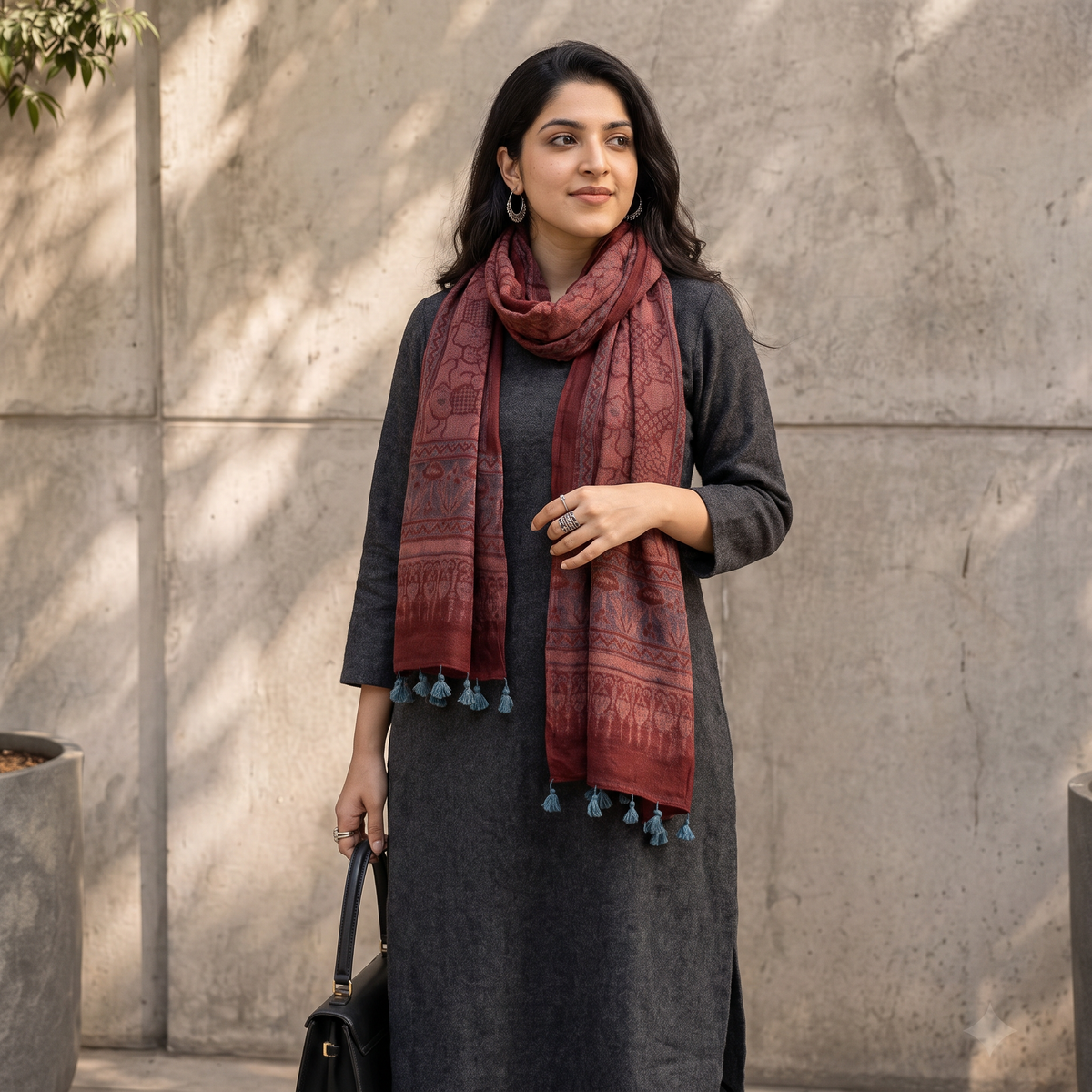 Red Ajrakh Hand Block Printed Pure Woolen Stole, worn by a woman, AI visual of the stole, iTokri