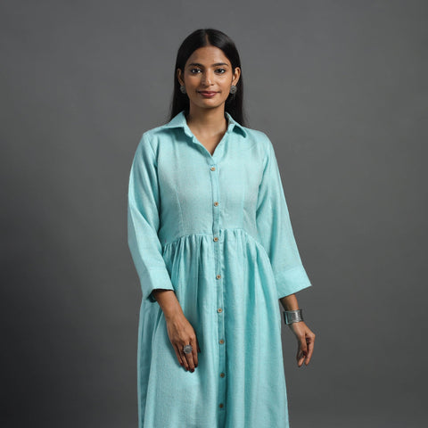 Buy Alisha Light Blue Plain Button Down Woollen Dress Online