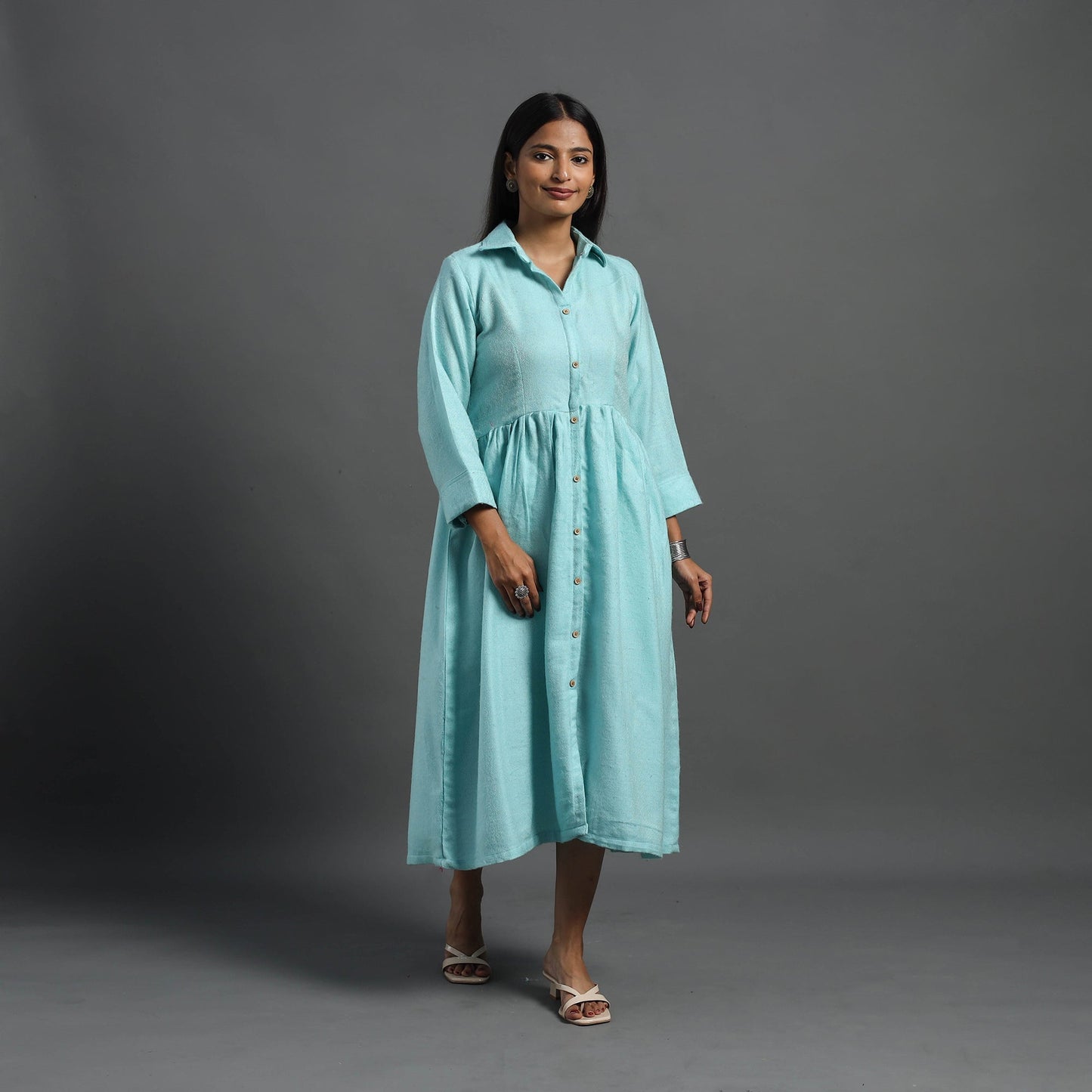 Buy Alisha Light Blue Plain Button Down Woollen Dress Online