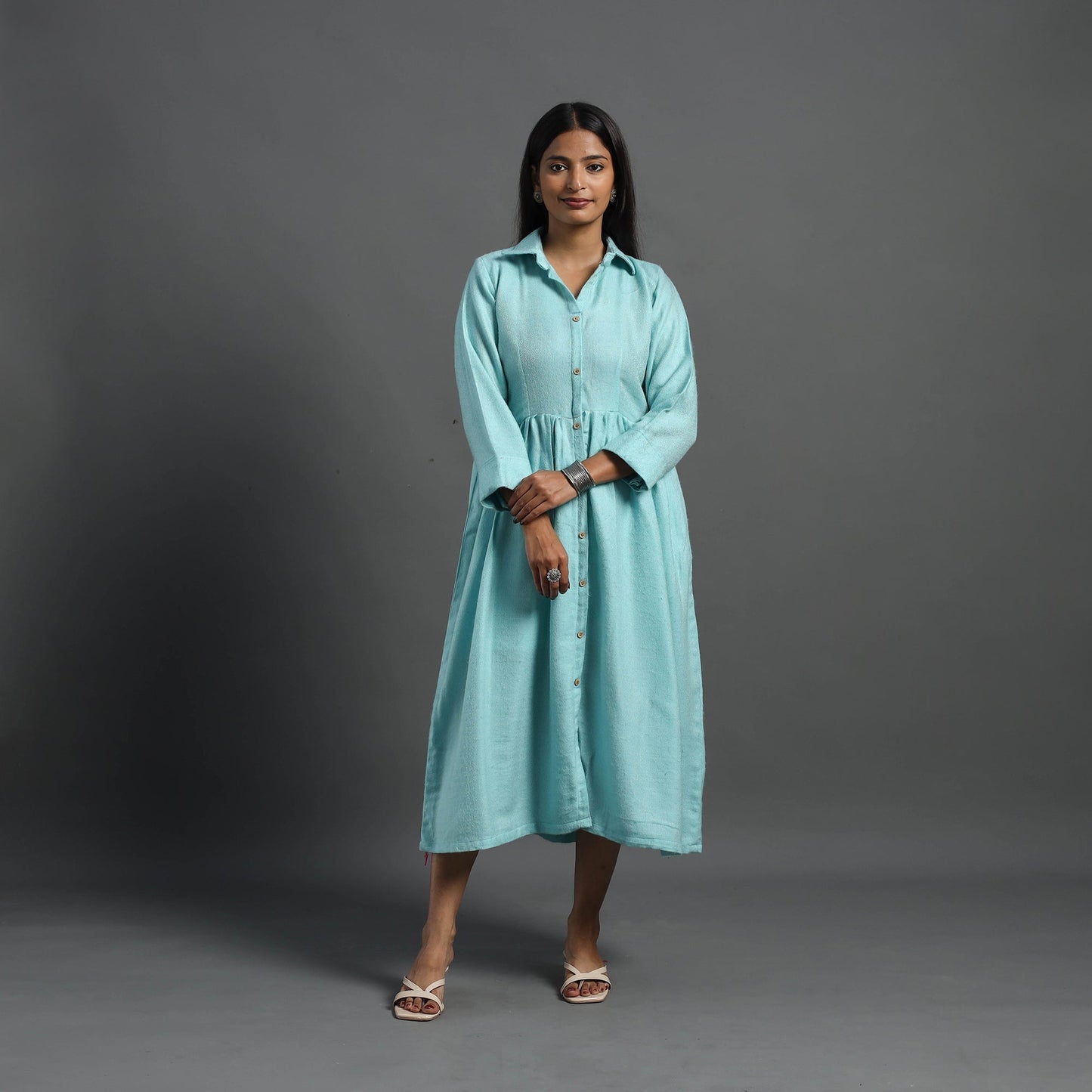 Buy Alisha Light Blue Plain Button Down Woollen Dress Online