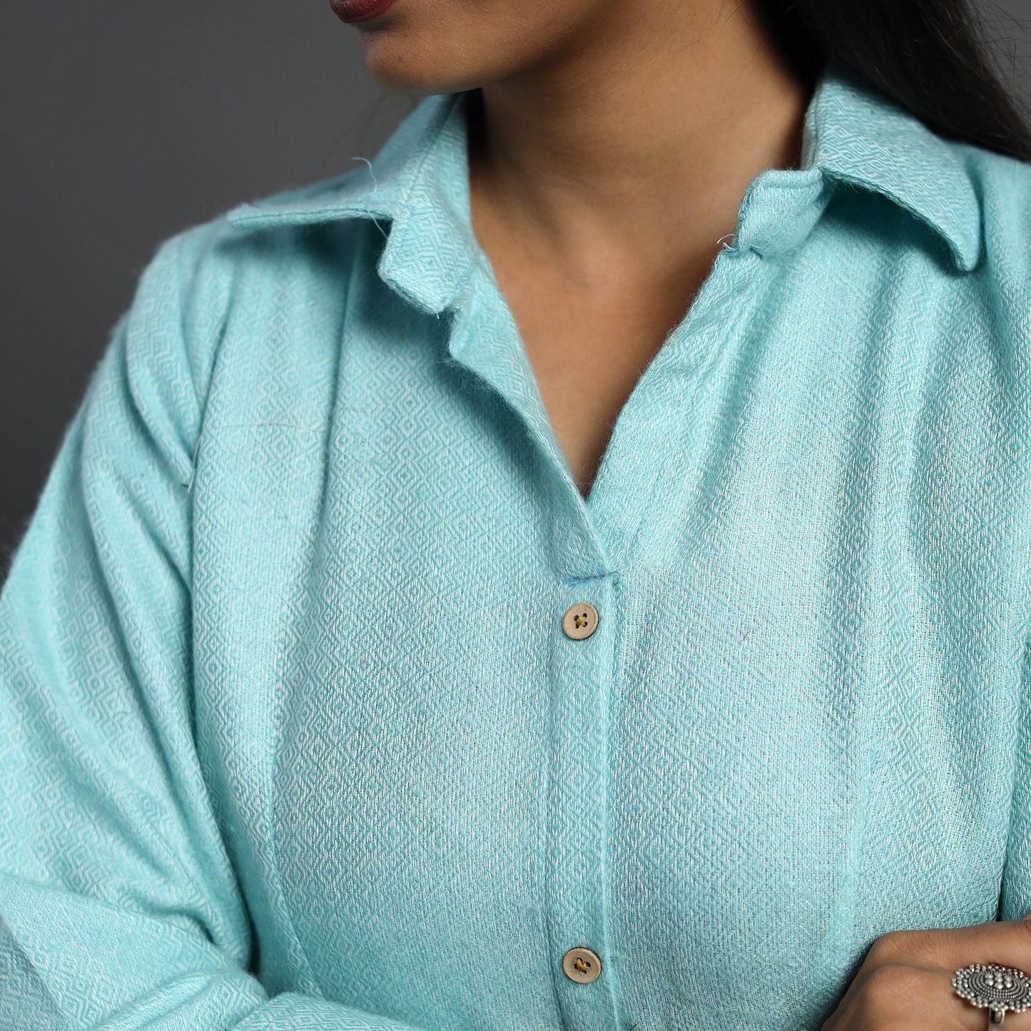 Buy Alisha Light Blue Plain Button Down Woollen Dress Online